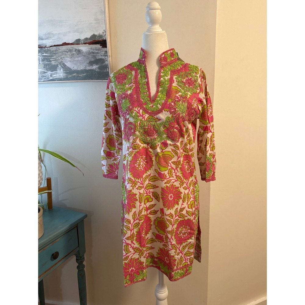 Gretchen Scott Designs Pink Lime Floral Cotton Tunic Dress XS NWT